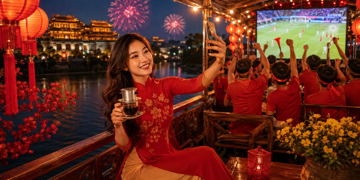 Người dùng Việt Nam xem chính sách bảo mật trên điện thoại tại quán cà phê Huế